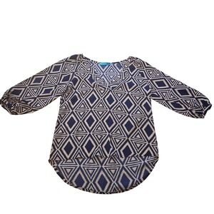 Buttons Diamond Print Blouse Top Small‎ Blue Beige Long Sleeve